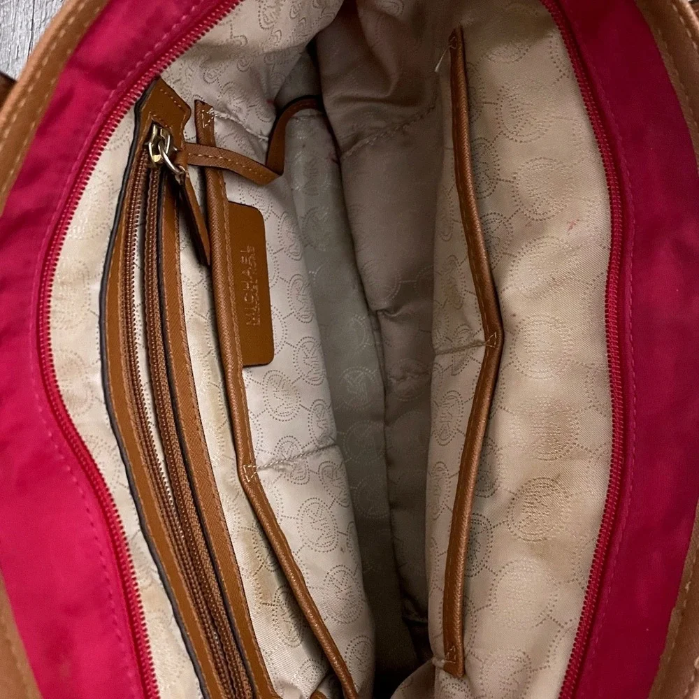 Michael Kors Pink Nylon Saffiano Leather Trim‎ Tote Bag Gold Hardware MK Logo